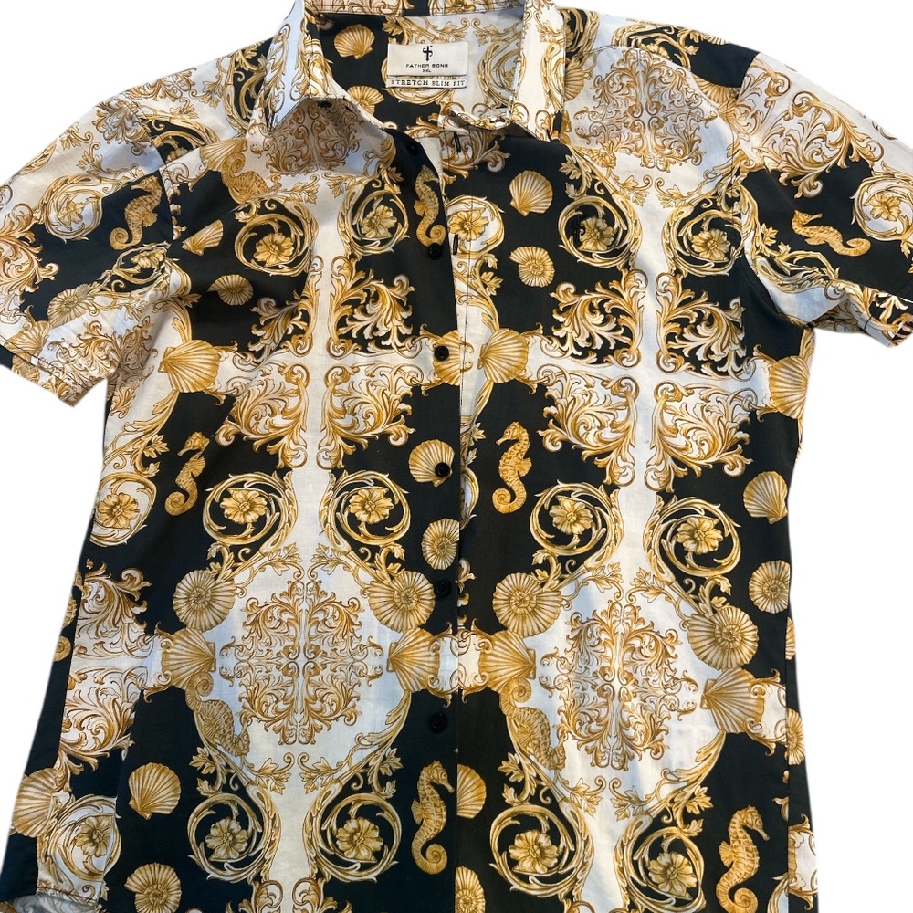 FATHER SONS SUPER SLIM STRETCH BLACK GOLD SHELL PRINT SHORT SLEEVE WITH BUTTON D
